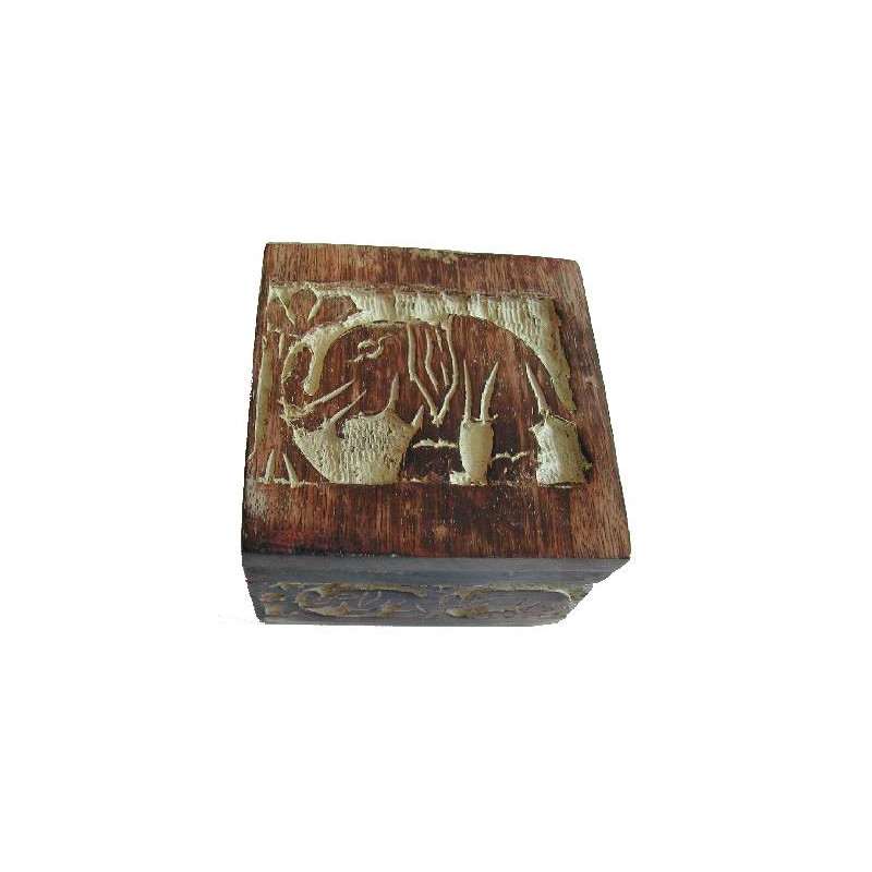 boite bois blanchie decor elephant (10 x 10cm)