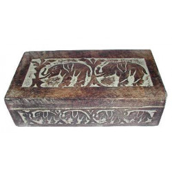 Boite bois blanchie decor elephants (22 x 12cm)