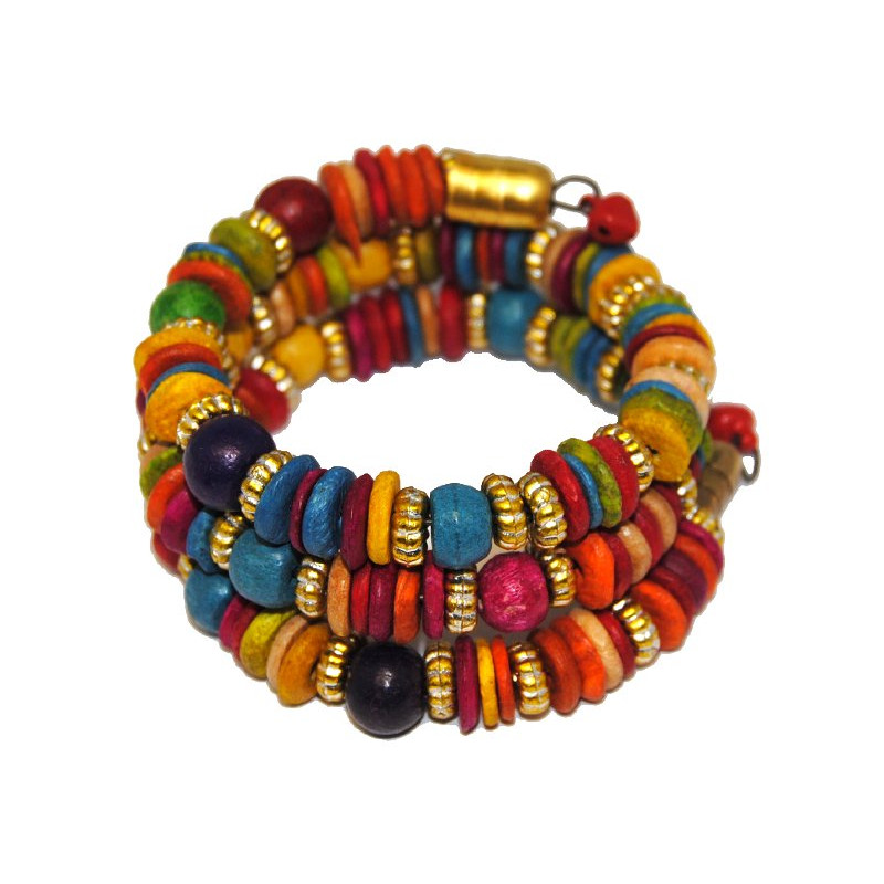 Bracelet spirale perles bois multicolores et dorées