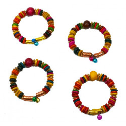 Bracelet a grelots, perle bois multicolores et dore