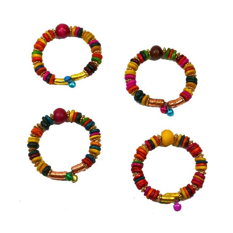 Bracelet a grelots, perle bois multicolores et dore