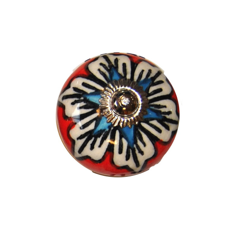 Boutons de tiroirs en faience bleu blanc et rouge