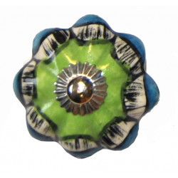 Boutons de tiroirs en faience fleur vert et bleu