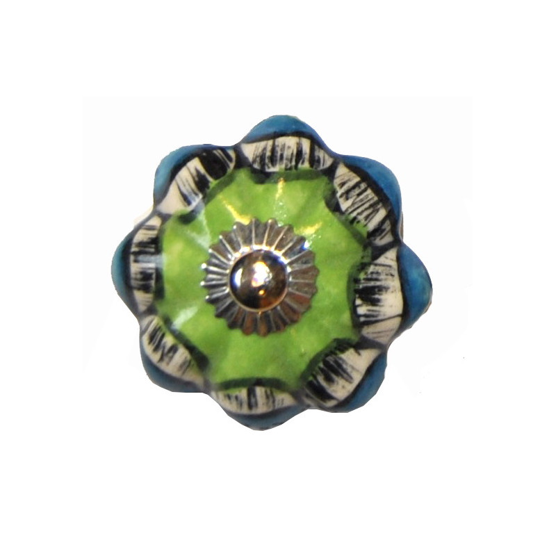 Boutons de tiroirs en faience fleur vert et bleu