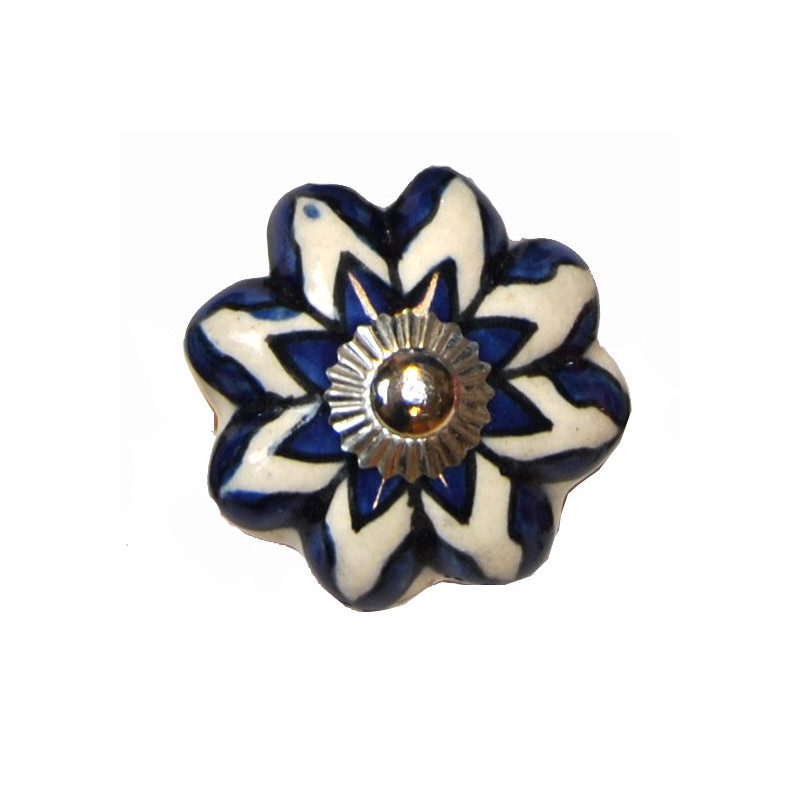 Boutons de tiroirs en faience fleur blanc et bleu