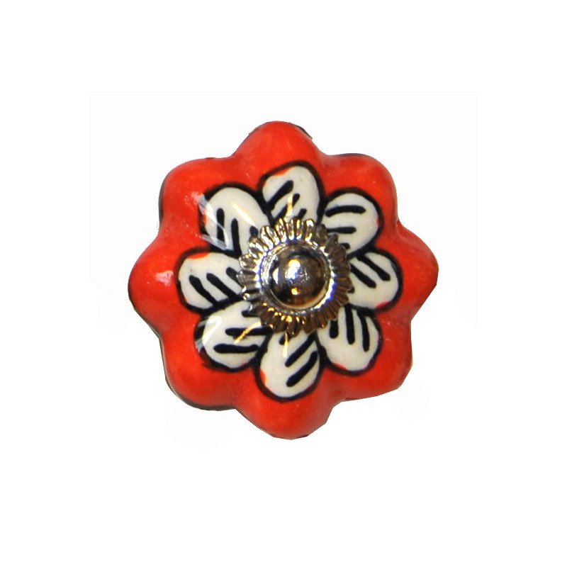Boutons de tiroirs en faience fleur orange et blanc