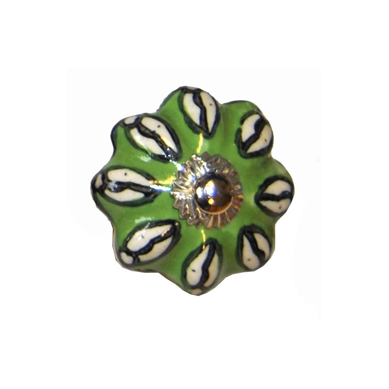 Boutons de tiroirs en faience fleur vert noir blanc