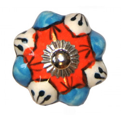 Boutons de tiroirs en faience fleur rouge bleu blanc