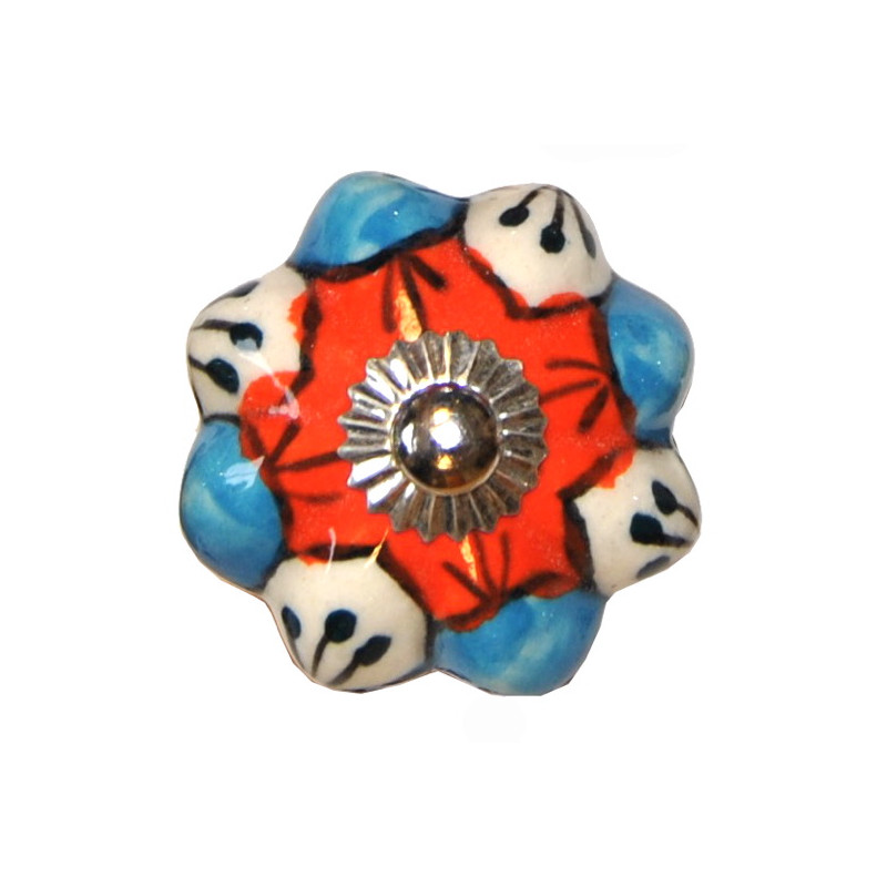 Boutons de tiroirs en faience fleur rouge bleu blanc