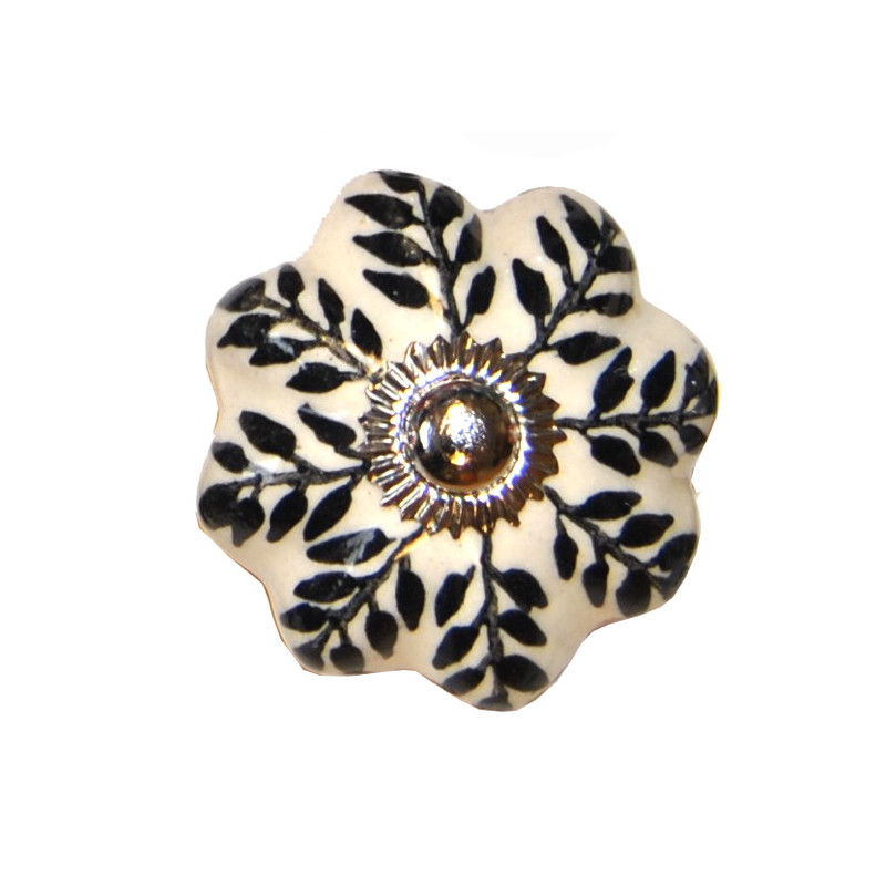 Boutons de tiroirs en faience fleur noir et blanc