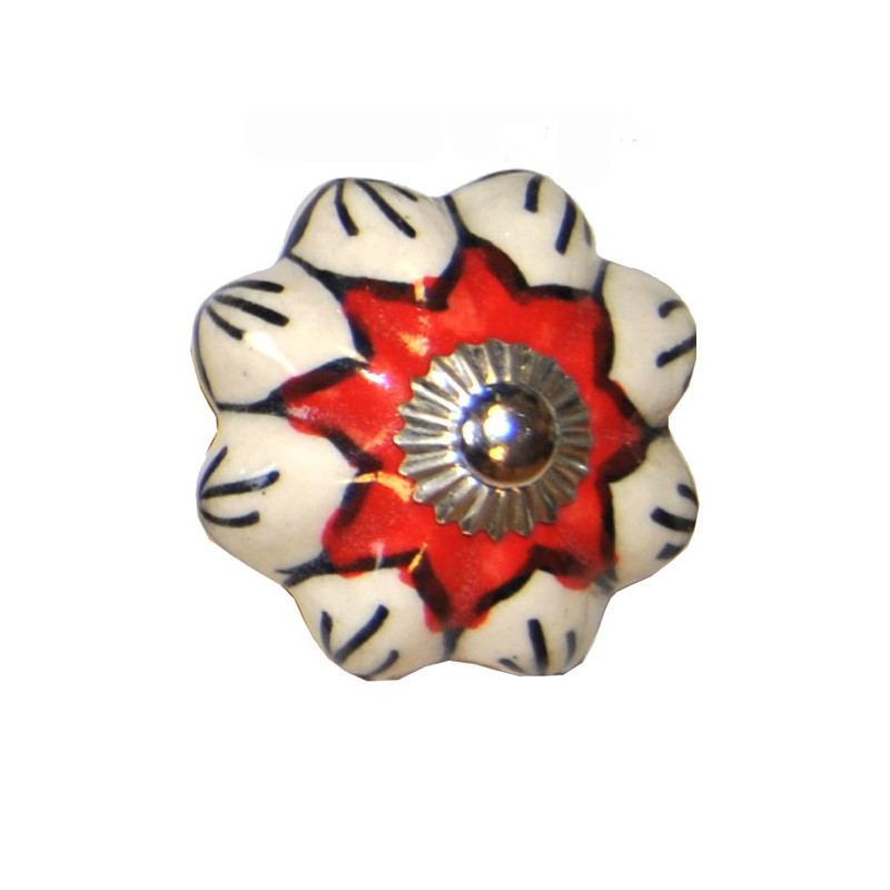 Boutons de tiroirs en faience fleur rouge et blanc