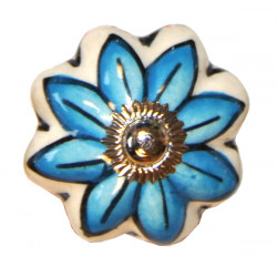Boutons de tiroirs en faience fleur bleu et blanc