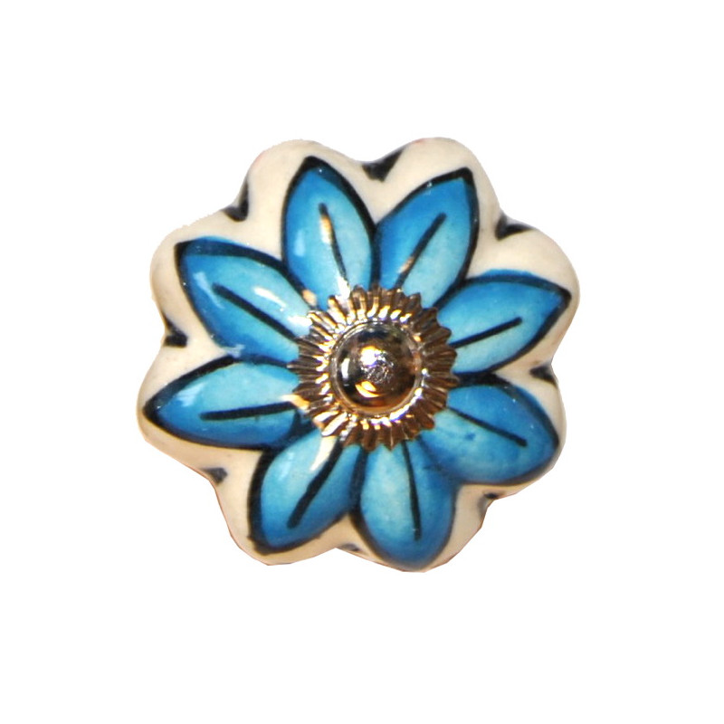 Boutons de tiroirs en faience fleur bleu et blanc