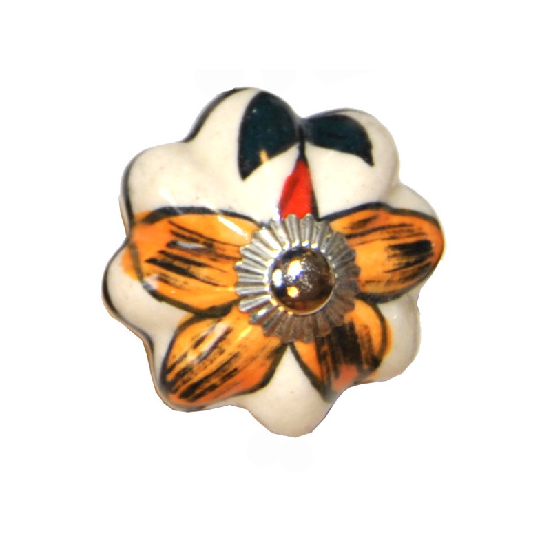 Boutons de tiroirs en faience fleur orange et blanc