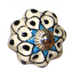 Boutons de tiroirs en faience fleur blanche noir et bleu