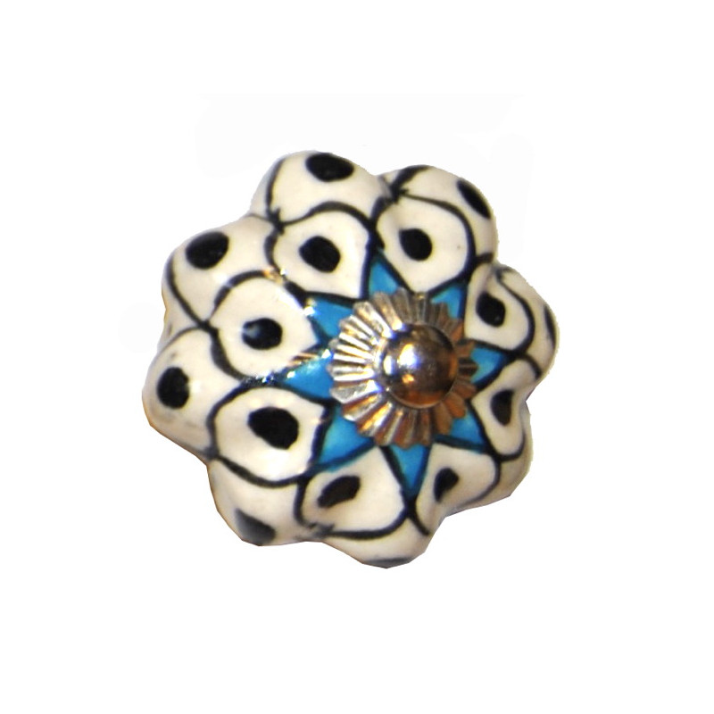 Boutons de tiroirs en faience fleur blanche noir et bleu