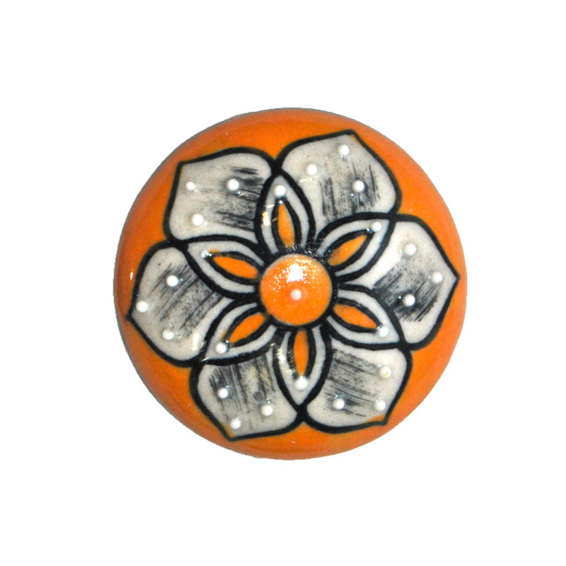 Grand Bouton de tiroirs en faience Orange et Blanc