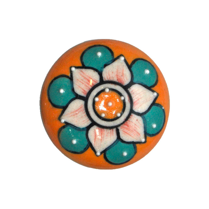 Grand Bouton de tiroirs en faience Orange et Vert