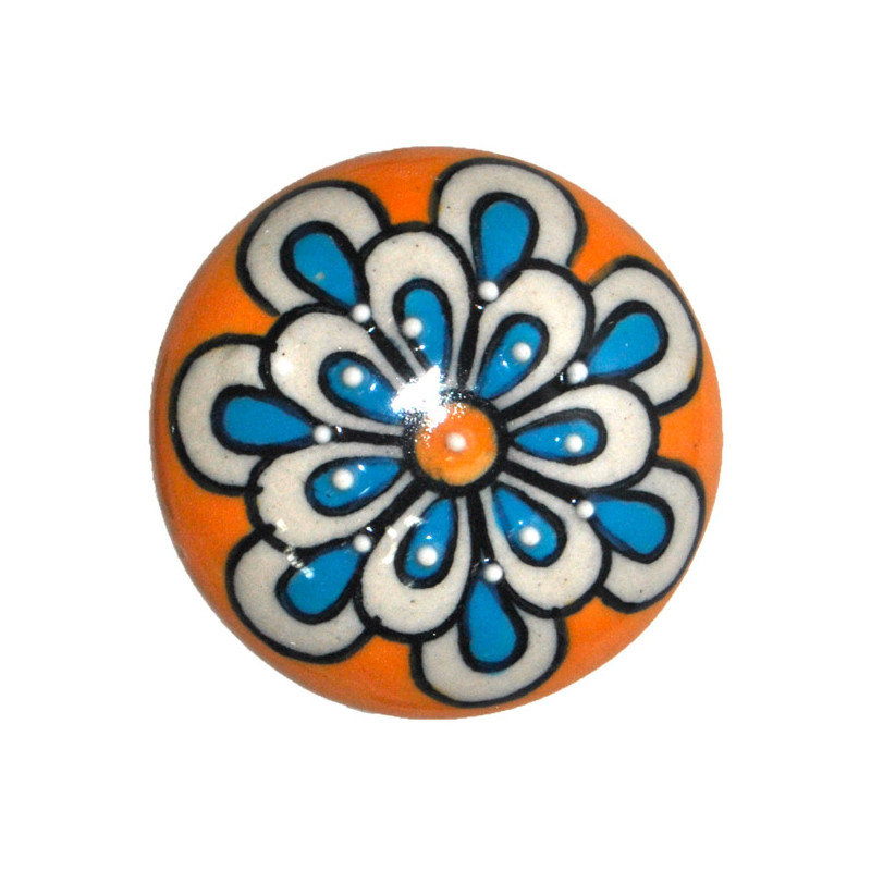 Grand Bouton de tiroirs en faience Orange et Bleu