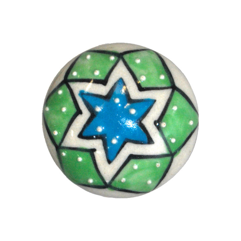 Grand Bouton de tiroirs en faience Vert Blanc et Bleu