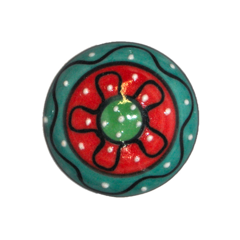 Grand Bouton de tiroirs en faience Vert et Rouge