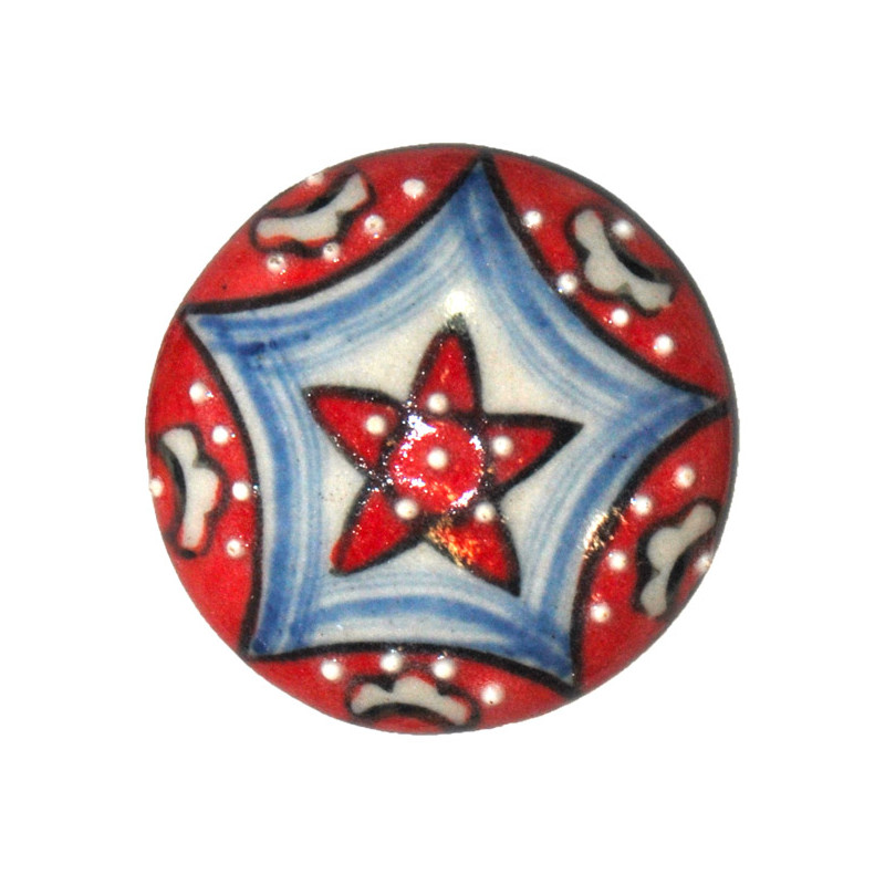 Grand Bouton de tiroirs en faience Rouge et Bleu