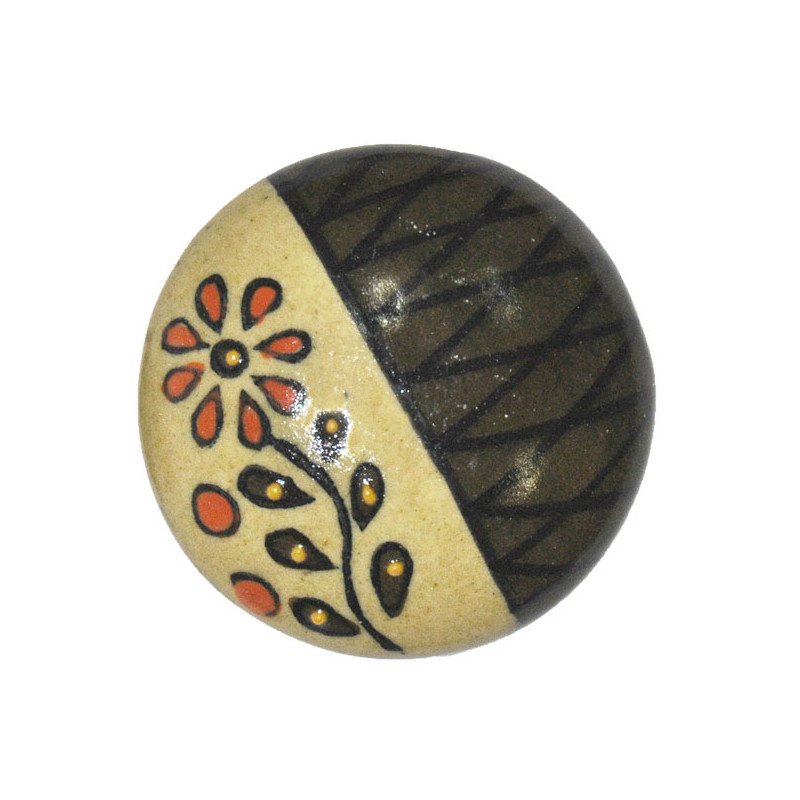 Grand Bouton de tiroirs en faience blanc et marron
