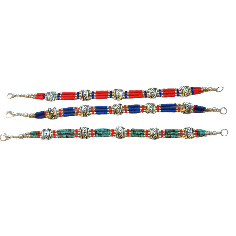 Bracelet Nepalais pierre et plaques metal trois lignes