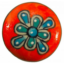 Grand Bouton de tiroirs en faience Orange et Bleu
