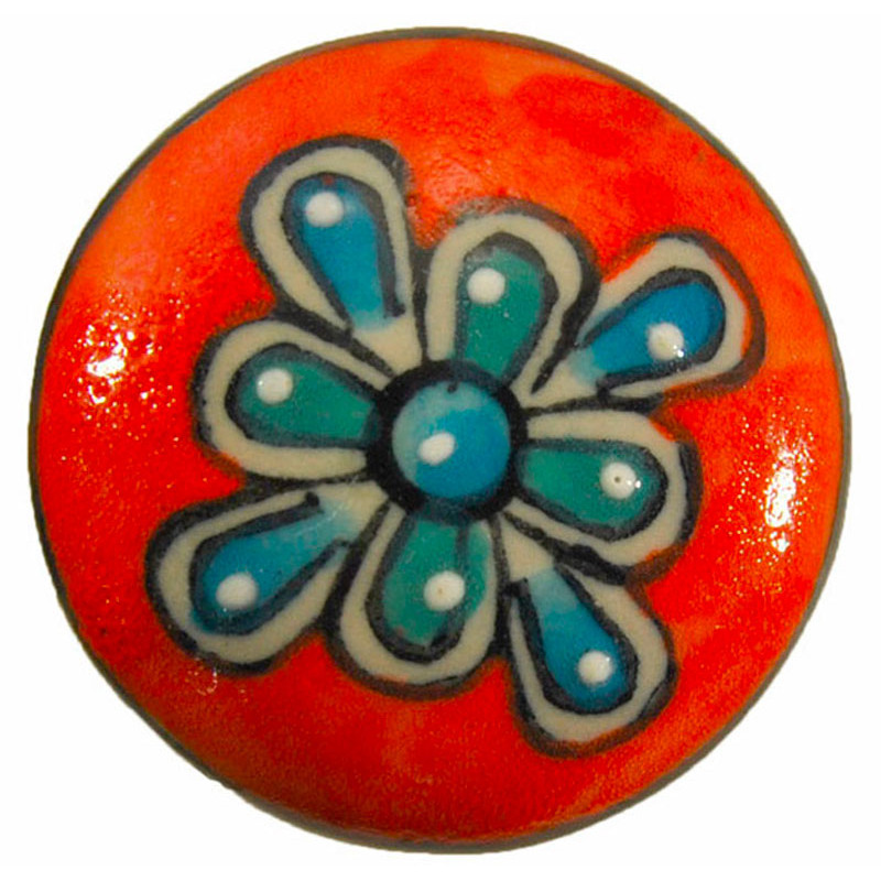 Grand Bouton de tiroirs en faience Orange et Bleu