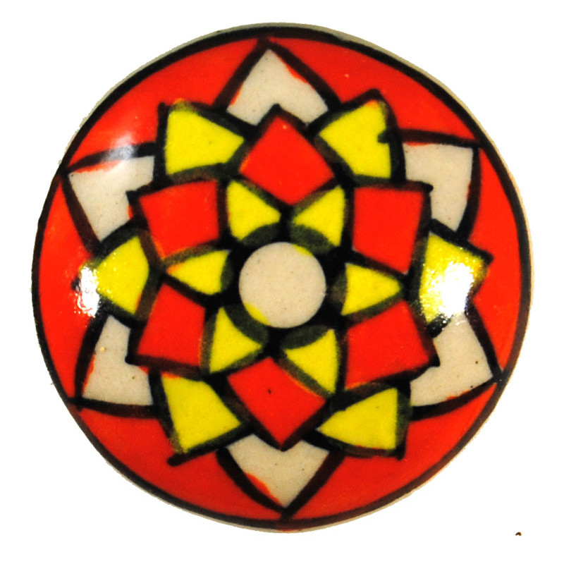 Grand Bouton de tiroirs en faience Jaune et Orange