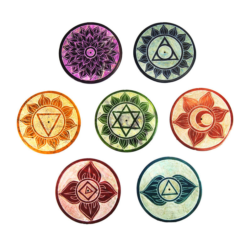 Porte encens rond en pierre colores 7 chakras (diametre 8 cm)