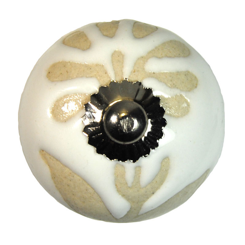 Boutons de tiroirs en faience blanc et beige motif fleur