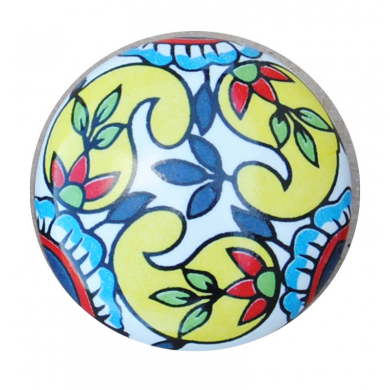 Boutons de tiroirs en faience  jaune motif fleur