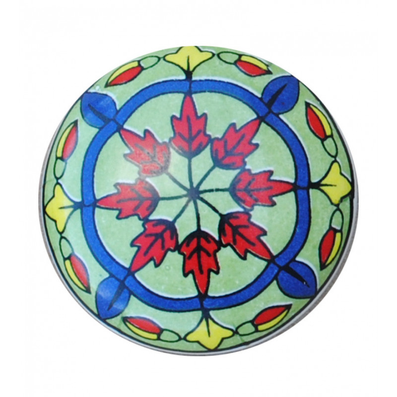 Boutons de tiroirs en faience  vert motif fleur