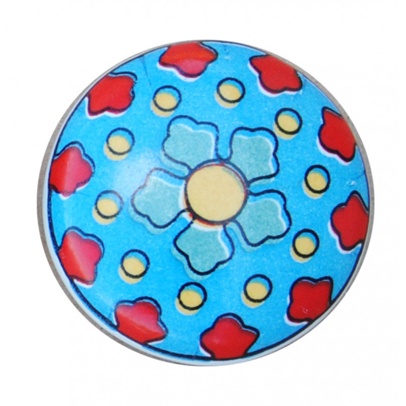 Boutons de tiroirs en faience bleu motif fleur